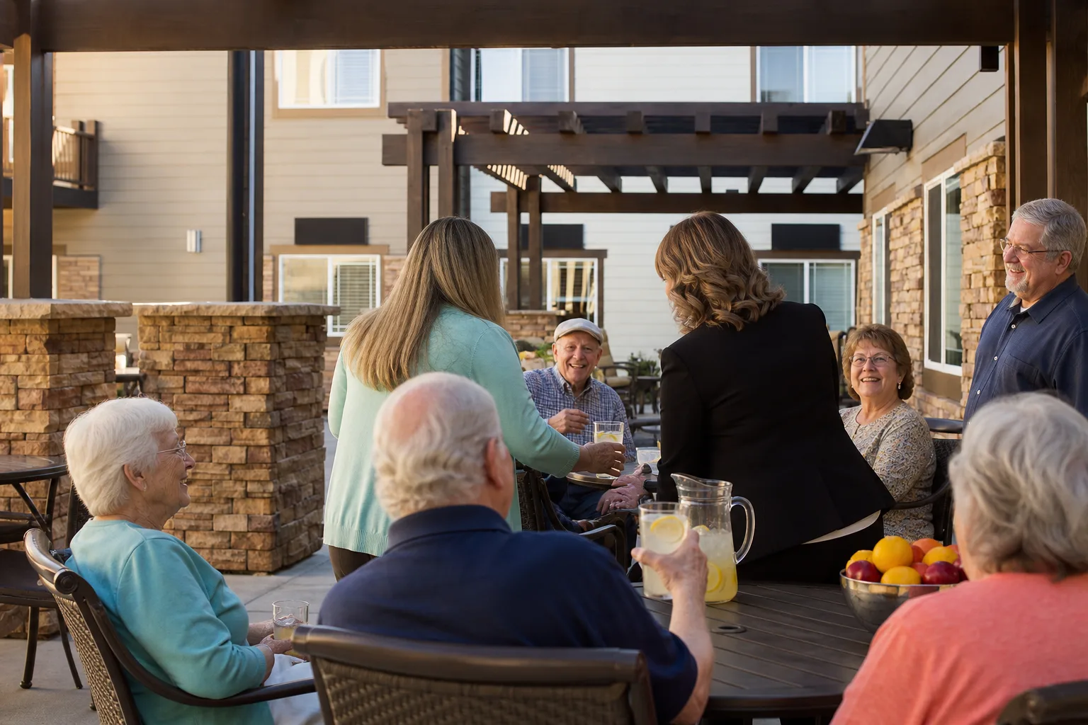 Stonebridge team members connecting with residents during a patio gathering